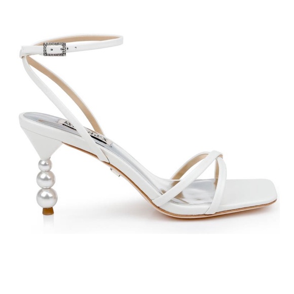BADGLEY MISCHKA Callie White Leather Ankle Strap Pearl Bead Heels Sandals Sz 10 - Picture 15 of 15